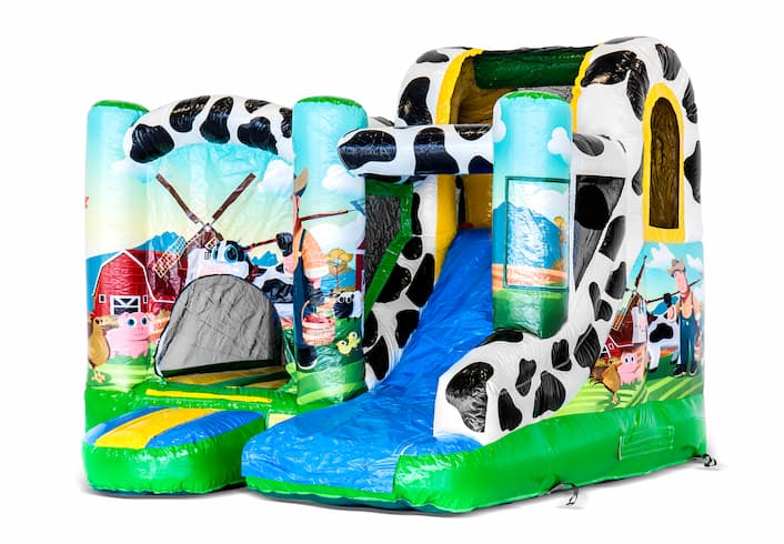 Compre um pequeno castelo insuflável com tema de fazenda e escorregador para crianças. Encomende castelos insufláveis ​​online na JB Insufláveis ​​Portugal