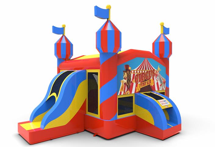 Buy an inflatable leftside climb & slide combo 13ft carnival game themed bouncy castle for both young and old. Order inflatable bouncy castles online at JB Inflatables America