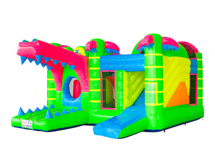 Castillo hinchable Multiplay Cocodrilo con colores fluorescentes y tobogán – haz tu pedido en JB-Hinchables