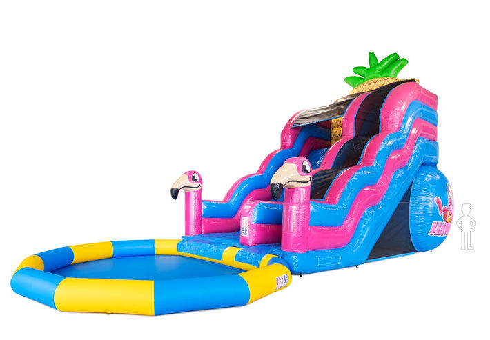 Comprar tobogán acuático hinchable con tema Hawaii en rosa y azul