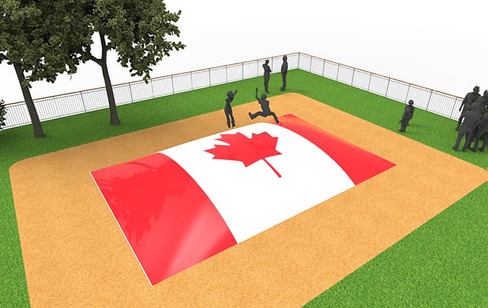 Compre montanha aérea inflável no tema da bandeira do Canadá para crianças. Encomende montanhas aéreas infláveis agora online na JB Insuflaveis Portugal