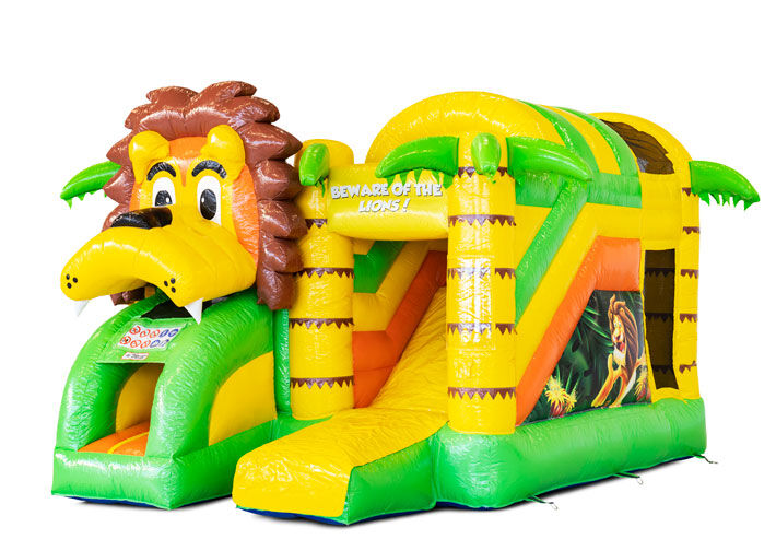 Comprar Castillo Hinchable Mini Multiplay hinchable cubierto con tobogán en la temática León para niños. Pide ahora castillos hinchables en JB Hinchables España