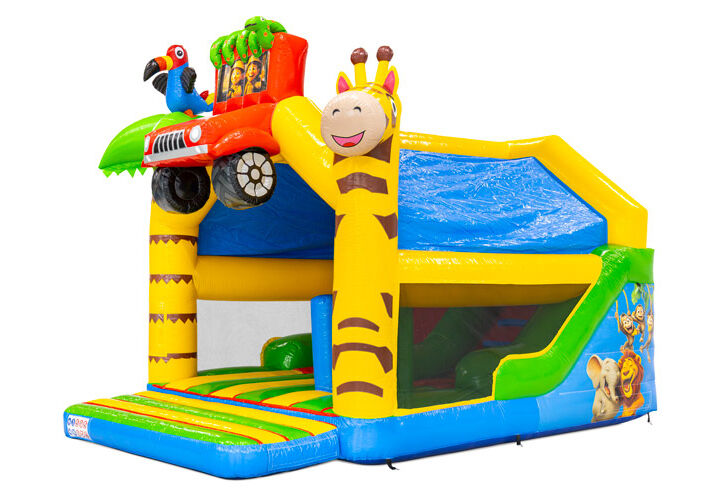 Combounce Amazon Safari springkussen met jungle safari thema en glijbaan, geschikt voor verhuur en te bestellen bij JB Inflatables