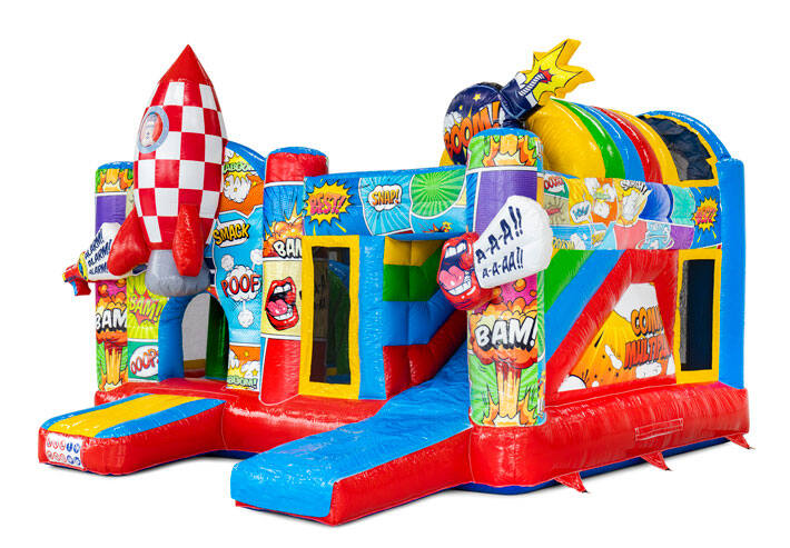 Zamów online wielofunkcyjną trampolinę w tematyce komiksowej z zjeżdżalnią i elementami do zabawy