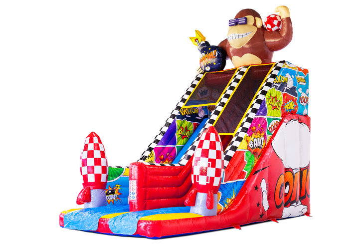 Click here to buy the Comic Super Slide, a colourful addition to your party assortment at JB Inflatables.