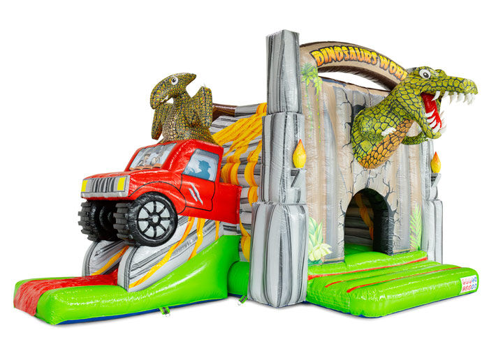Castillo inflable de dinosaurio impresionante con un jeep rojo y colorido.