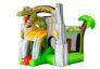 Parque infantil inflable seguro con redes y una entrada aventurera de dinosaurio