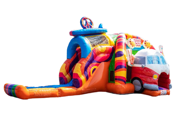 Pide castillo hinchable mutliplay super hinchable cubierto con tobogán en tema hippie