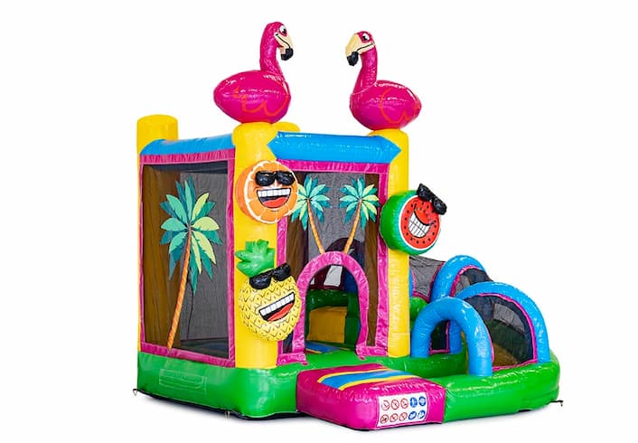 Mini inflatable multiplay bouncy castle in flamingo theme for children. Order inflatable bouncy castles online at JB Inflatables UK