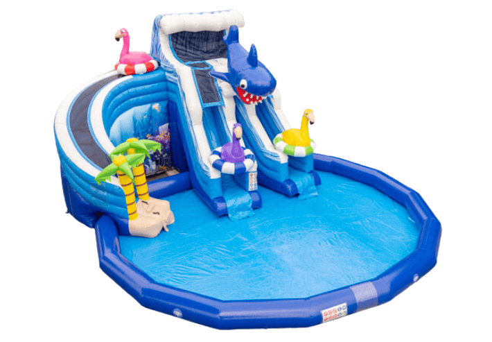 Compre un parque acuático redondo azul con tiburones, flamencos y palmeras en JB